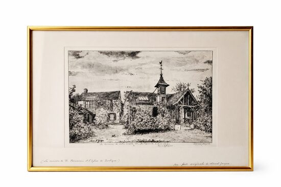 Litogrāfija ''The House of Th. Rousseau and the Church of Barbizon''